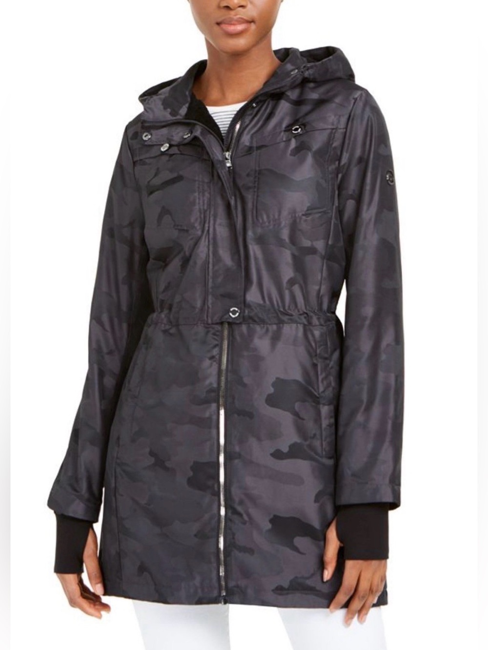Michael Kors Black Camouflage Hooded Trench Coat